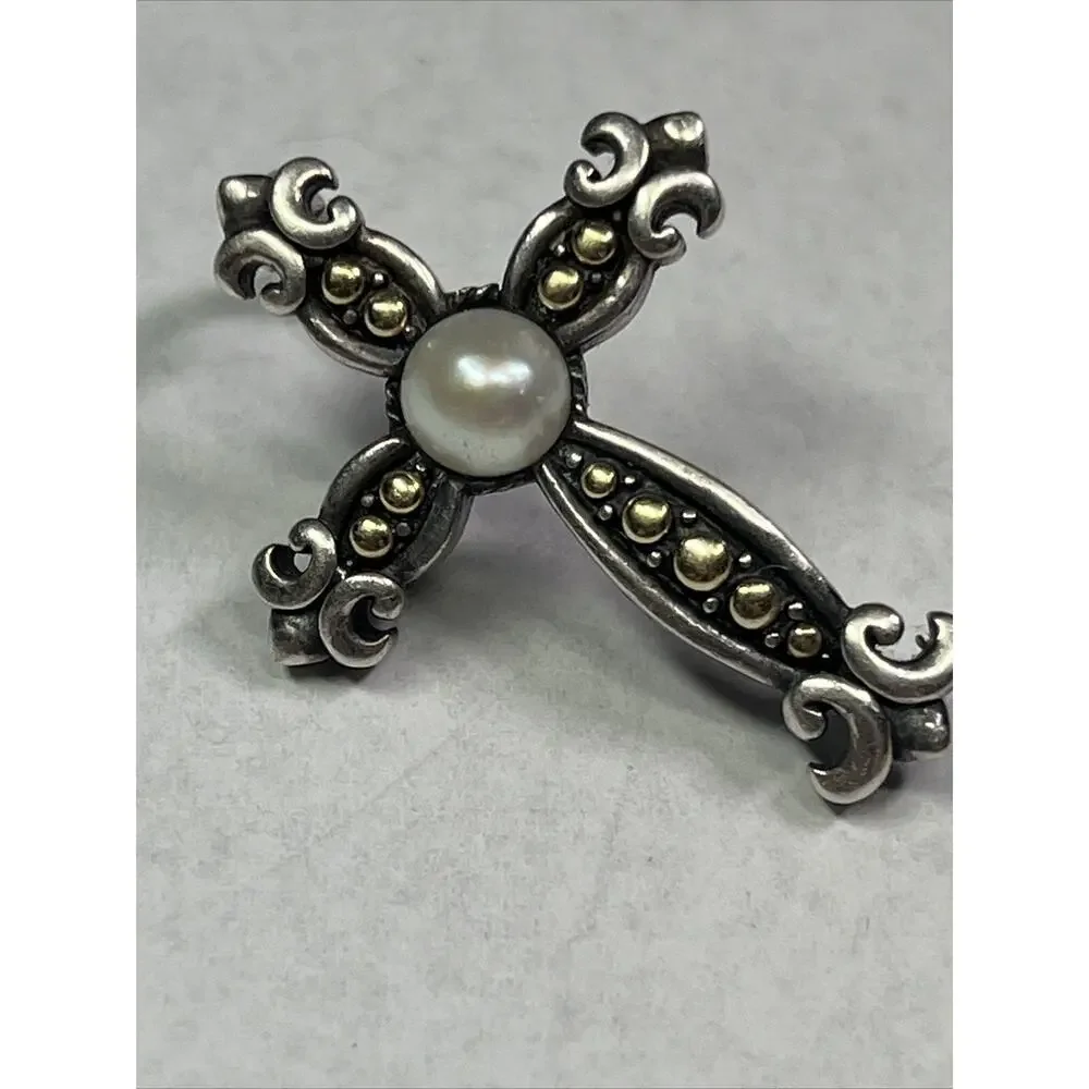 EFFY 18k And Sterling Silver Cross Crucifix Pendant Faux Pearl No Necklace RARE - Picture 12 of 12